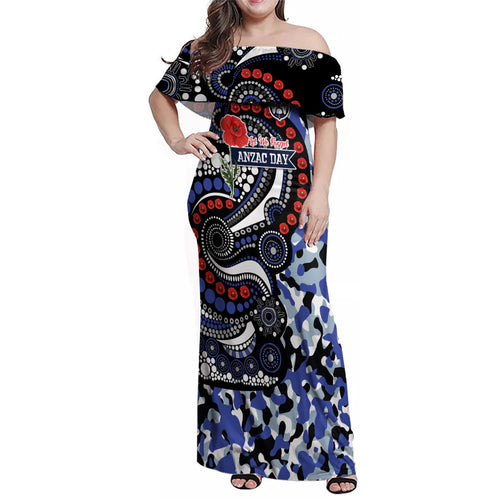 Canterbury Bulldogs ANZAC Day Family Matching Off Shoulder Maxi Dress and Hawaiian Shirt Aboriginal Dot Poppy Remembrance Bulldog