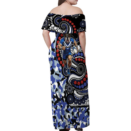 Canterbury Bulldogs ANZAC Day Family Matching Off Shoulder Maxi Dress and Hawaiian Shirt Aboriginal Dot Poppy Remembrance Bulldog