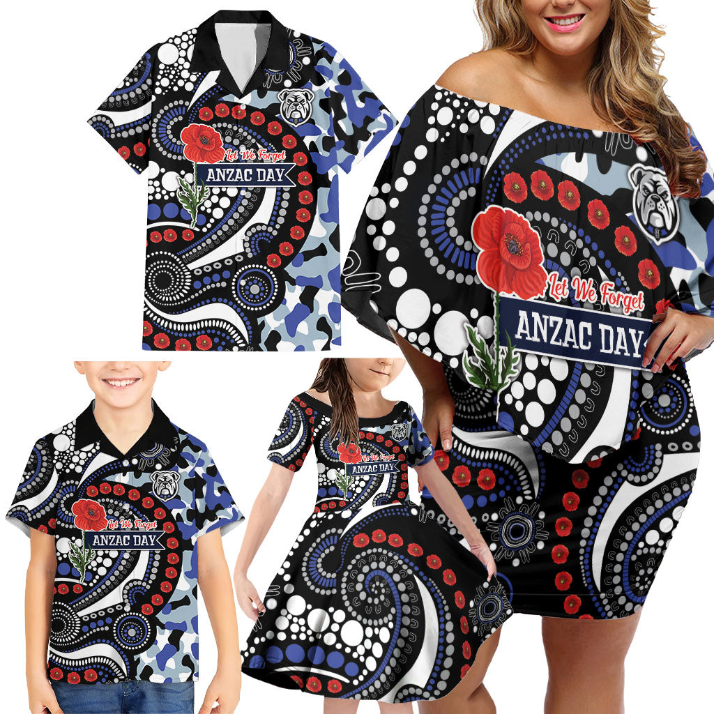 Canterbury Bulldogs ANZAC Day Family Matching Off Shoulder Short Dress and Hawaiian Shirt Aboriginal Dot Poppy Remembrance Bulldog
