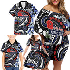 Canterbury Bulldogs ANZAC Day Family Matching Off Shoulder Short Dress and Hawaiian Shirt Aboriginal Dot Poppy Remembrance Bulldog