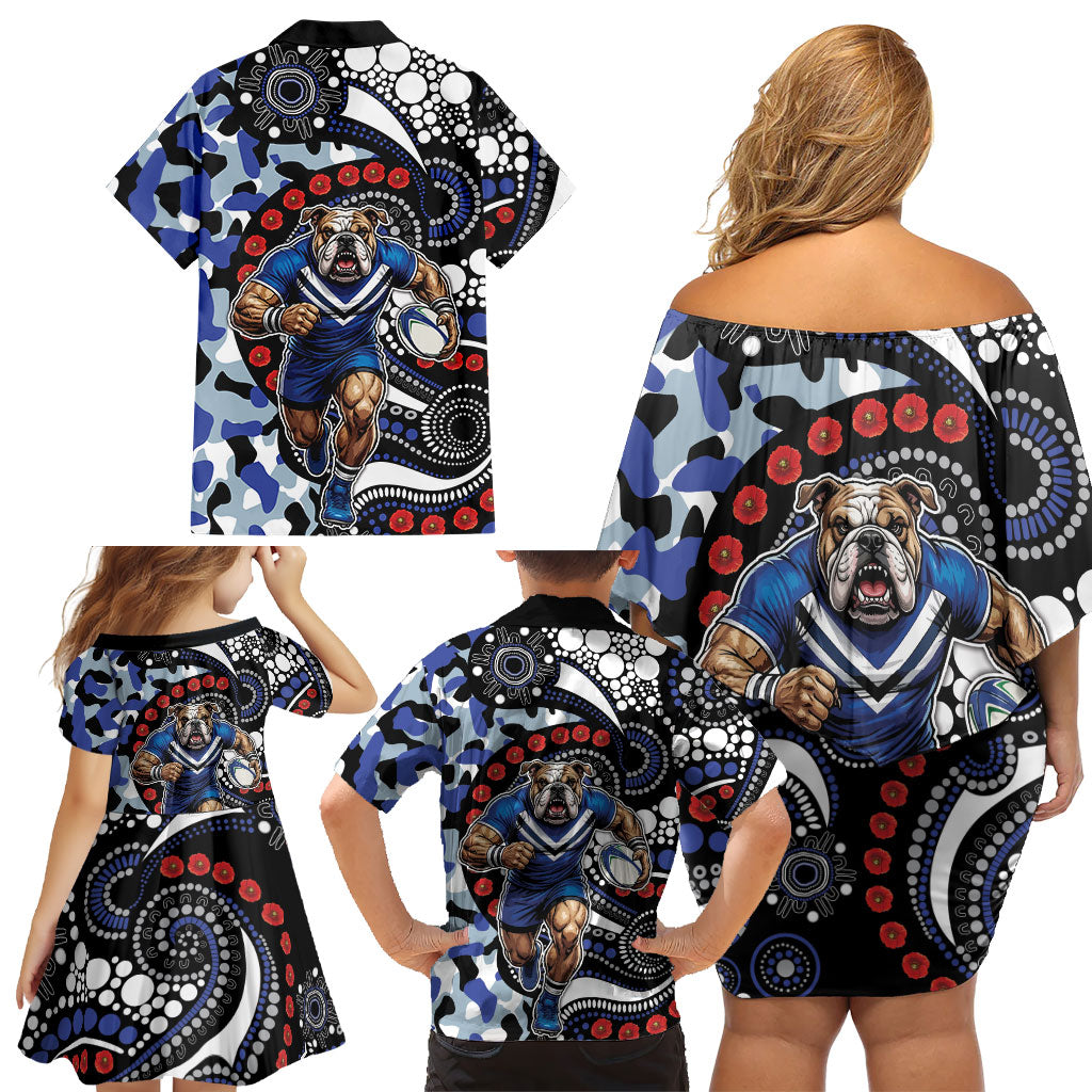 Canterbury Bulldogs ANZAC Day Family Matching Off Shoulder Short Dress and Hawaiian Shirt Aboriginal Dot Poppy Remembrance Bulldog