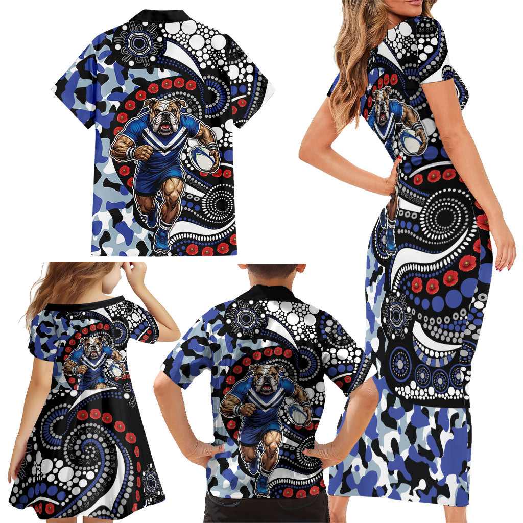 Canterbury Bulldogs ANZAC Day Family Matching Short Sleeve Bodycon Dress and Hawaiian Shirt Aboriginal Dot Poppy Remembrance Bulldog