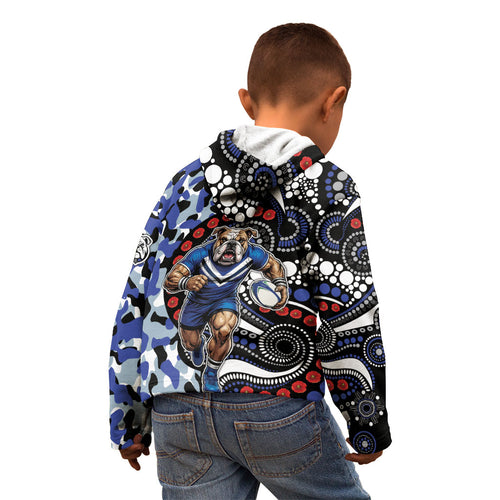 Canterbury Bulldogs ANZAC Day Kid Hoodie Aboriginal Dot Poppy Remembrance Bulldog