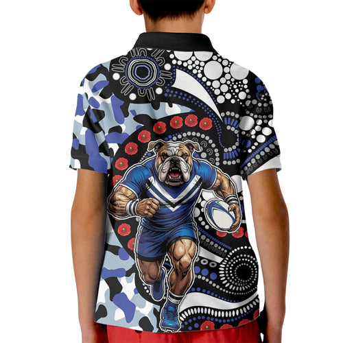 Canterbury Bulldogs ANZAC Day Kid Polo Shirt Aboriginal Dot Poppy Remembrance Bulldog