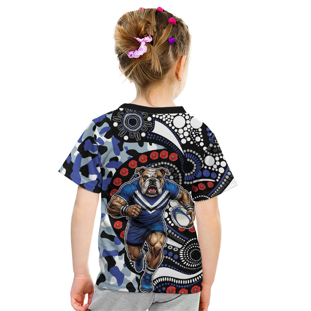 Canterbury Bulldogs ANZAC Day Kid T Shirt Aboriginal Dot Poppy Remembrance Bulldog