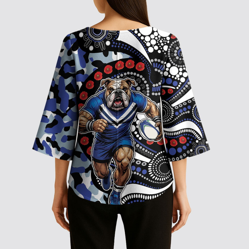 Canterbury Bulldogs ANZAC Day Kimono Sleeve Blouse Aboriginal Dot Poppy Remembrance Bulldog