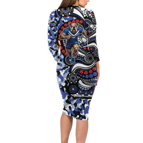 Canterbury Bulldogs ANZAC Day Long Sleeve Bodycon Dress Aboriginal Dot Poppy Remembrance Bulldog