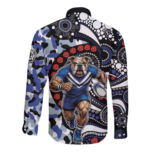 Canterbury Bulldogs ANZAC Day Long Sleeve Button Shirt Aboriginal Dot Poppy Remembrance Bulldog