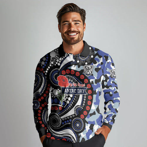 Canterbury Bulldogs ANZAC Day Long Sleeve Polo Shirt Aboriginal Dot Poppy Remembrance Bulldog