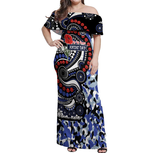 Canterbury Bulldogs ANZAC Day Off Shoulder Maxi Dress Aboriginal Dot Poppy Remembrance Bulldog