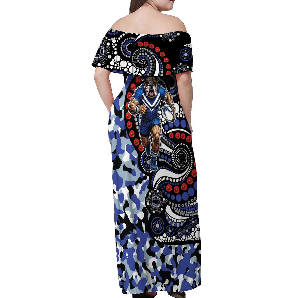 Canterbury Bulldogs ANZAC Day Off Shoulder Maxi Dress Aboriginal Dot Poppy Remembrance Bulldog