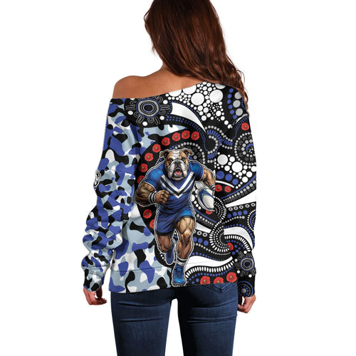 Canterbury Bulldogs ANZAC Day Off Shoulder Sweater Aboriginal Dot Poppy Remembrance Bulldog