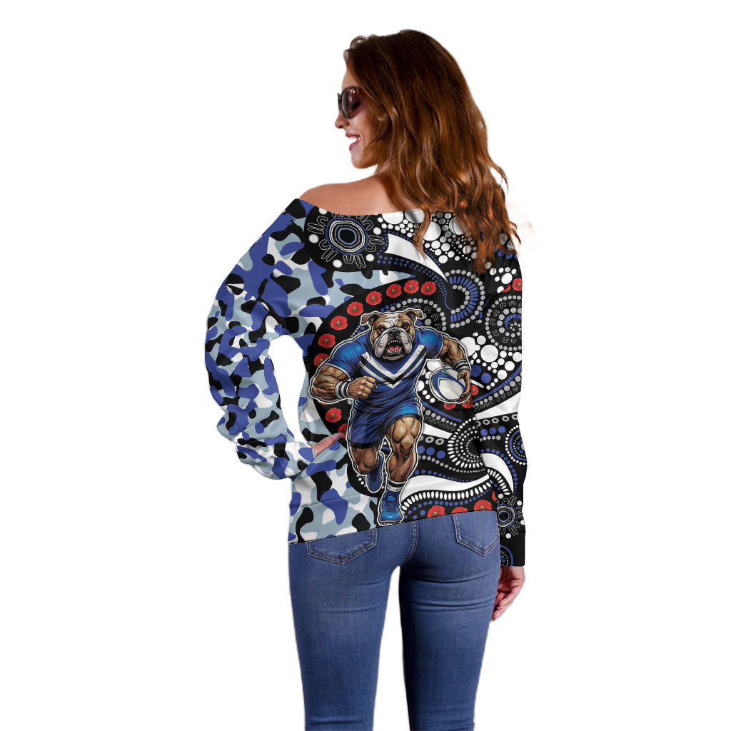 Canterbury Bulldogs ANZAC Day Off Shoulder Sweater Aboriginal Dot Poppy Remembrance Bulldog