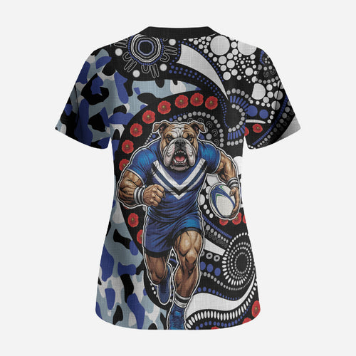 Canterbury Bulldogs ANZAC Day Scrub Top Aboriginal Dot Poppy Remembrance Bulldog