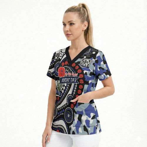 Canterbury Bulldogs ANZAC Day Scrub Top Aboriginal Dot Poppy Remembrance Bulldog