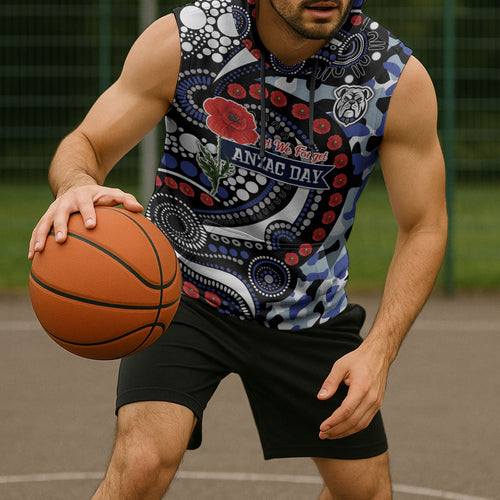 Canterbury Bulldogs ANZAC Day Sleeveless Hoodie Aboriginal Dot Poppy Remembrance Bulldog