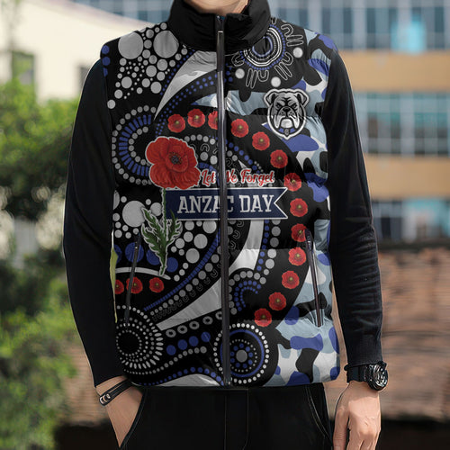 Canterbury Bulldogs ANZAC Day Sleeveless Puffer Jacket Aboriginal Dot Poppy Remembrance Bulldog