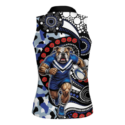 Canterbury Bulldogs ANZAC Day Women Sleeveless Polo Shirt Aboriginal Dot Poppy Remembrance Bulldog