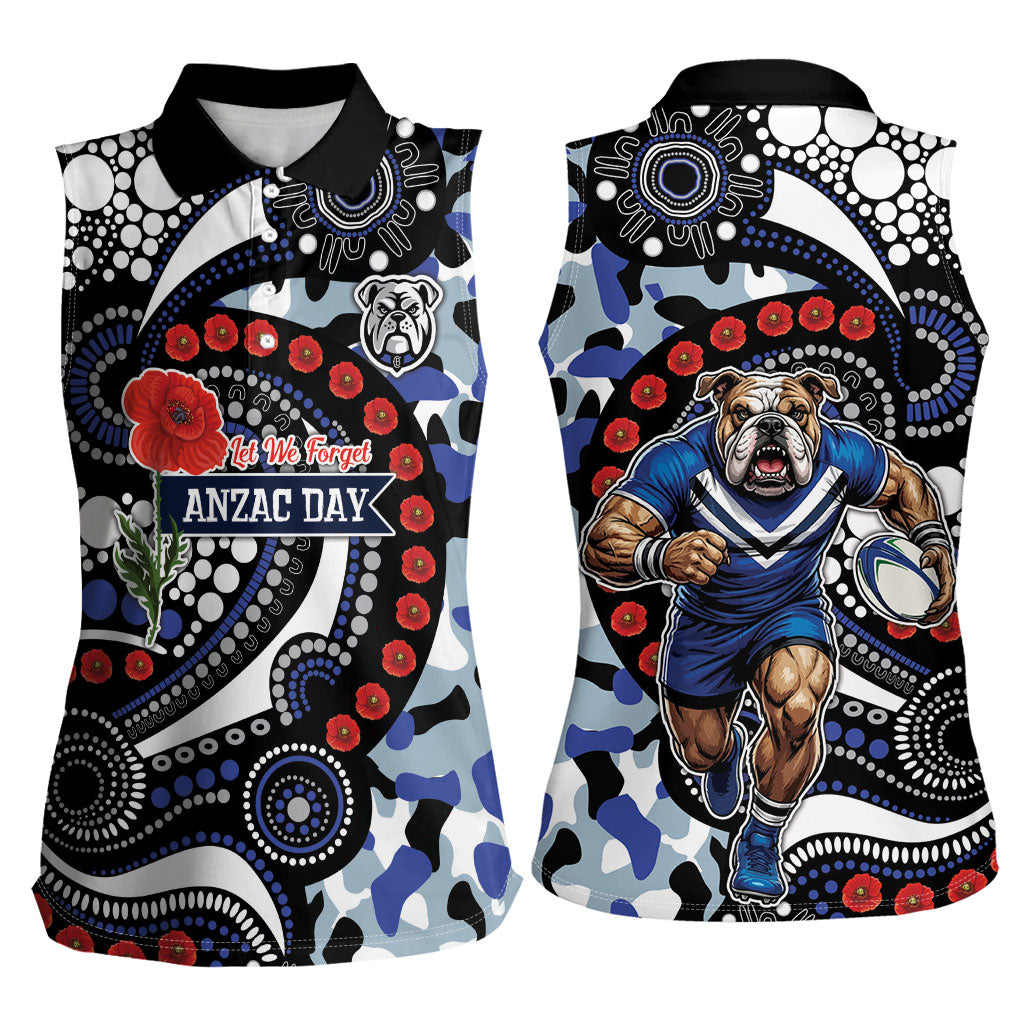 Canterbury Bulldogs ANZAC Day Women Sleeveless Polo Shirt Aboriginal Dot Poppy Remembrance Bulldog