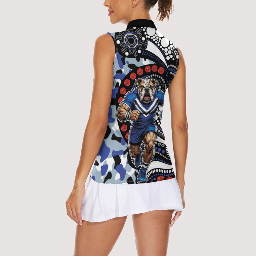Canterbury Bulldogs ANZAC Day Women Sleeveless Polo Shirt Aboriginal Dot Poppy Remembrance Bulldog