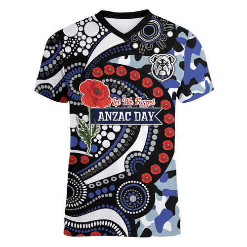 Canterbury Bulldogs ANZAC Day Women V-Neck T-Shirt Aboriginal Dot Poppy Remembrance Bulldog