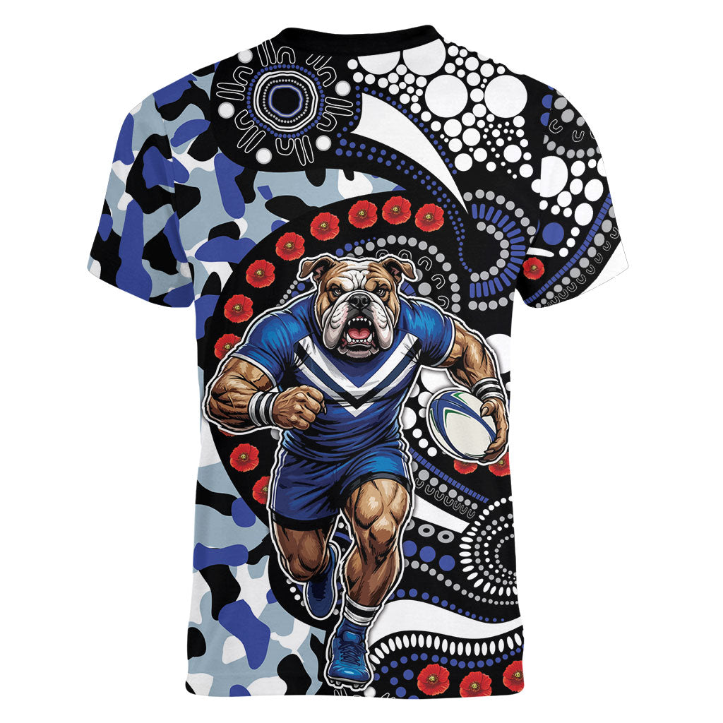 Canterbury Bulldogs ANZAC Day Women V-Neck T-Shirt Aboriginal Dot Poppy Remembrance Bulldog