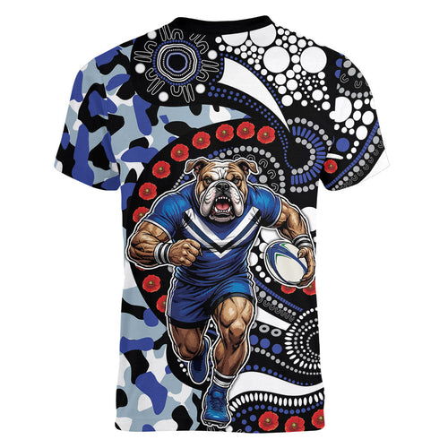 Canterbury Bulldogs ANZAC Day Women V-Neck T-Shirt Aboriginal Dot Poppy Remembrance Bulldog