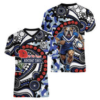 Canterbury Bulldogs ANZAC Day Women V-Neck T-Shirt Aboriginal Dot Poppy Remembrance Bulldog