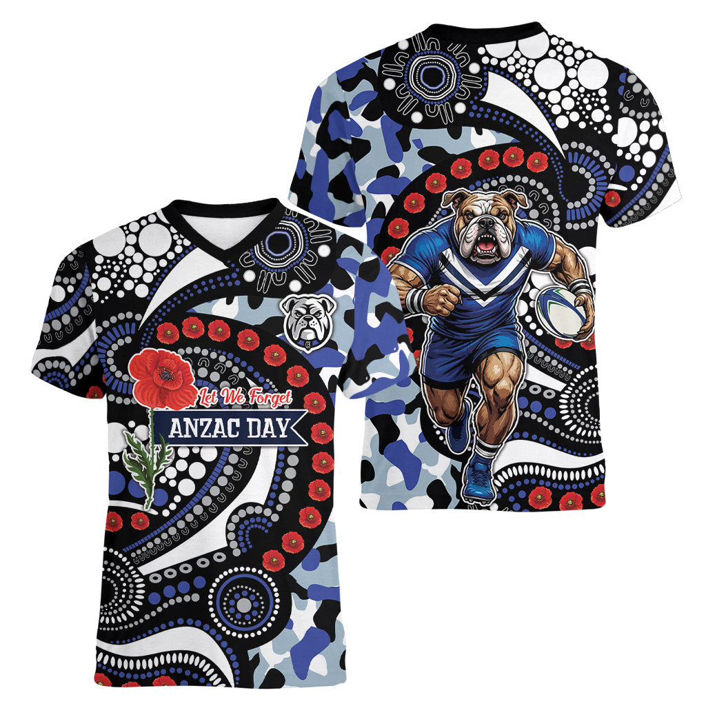 Canterbury Bulldogs ANZAC Day Women V-Neck T-Shirt Aboriginal Dot Poppy Remembrance Bulldog