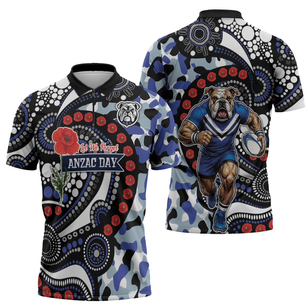 Canterbury Bulldogs ANZAC Day Zipper Polo Shirt Aboriginal Dot Poppy Remembrance Bulldog