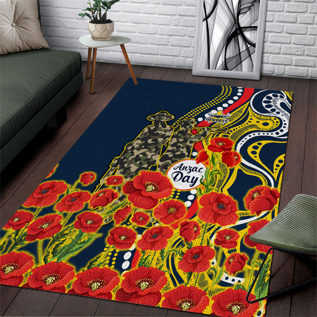 North Queensland Cowboys ANZAC Area Rug Indigenous Wave Poppy Remembrance Cowboy