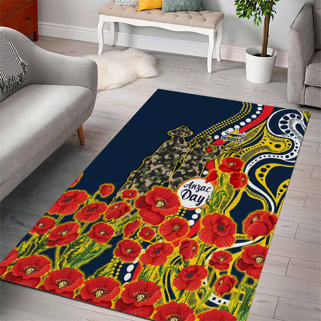 North Queensland Cowboys ANZAC Area Rug Indigenous Wave Poppy Remembrance Cowboy