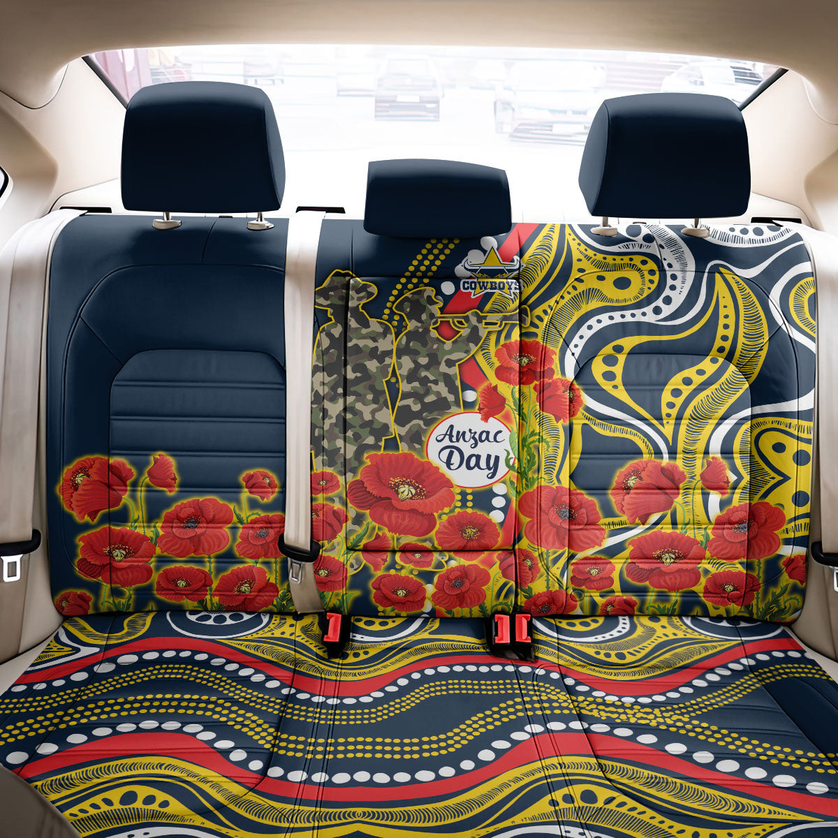 North Queensland Cowboys ANZAC Back Car Seat Cover Indigenous Wave Poppy Remembrance Cowboy