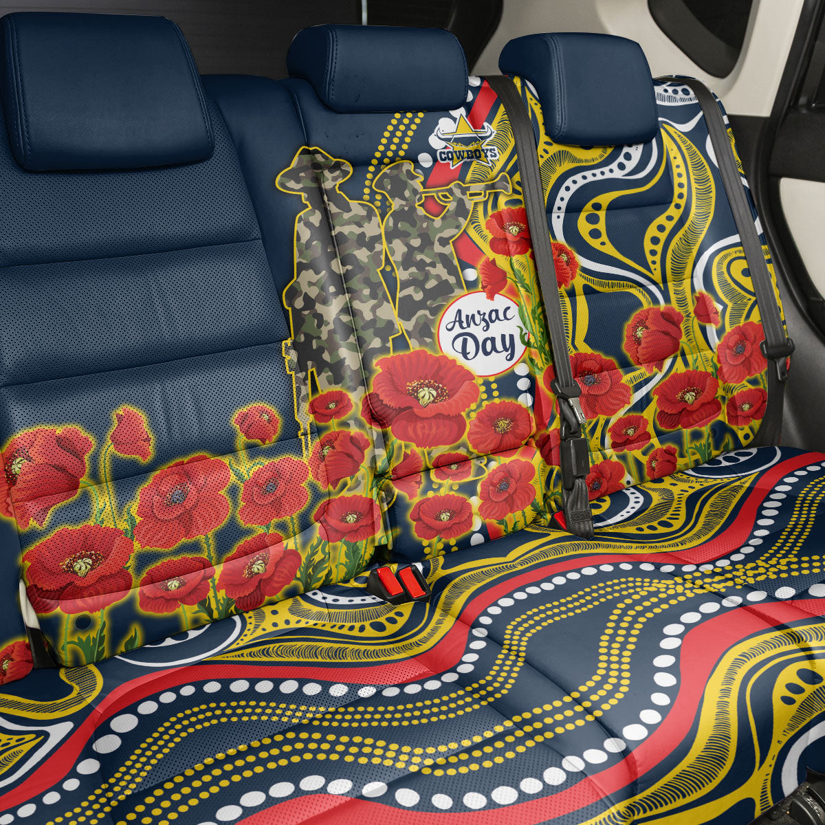 North Queensland Cowboys ANZAC Back Car Seat Cover Indigenous Wave Poppy Remembrance Cowboy