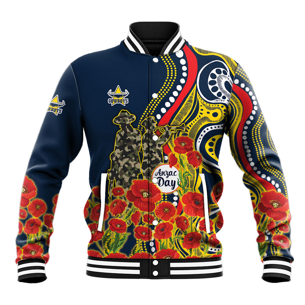 North Queensland Cowboys ANZAC Baseball Jacket Indigenous Wave Poppy Remembrance Cowboy