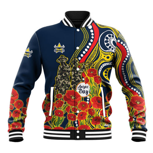 North Queensland Cowboys ANZAC Baseball Jacket Indigenous Wave Poppy Remembrance Cowboy