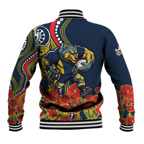 North Queensland Cowboys ANZAC Baseball Jacket Indigenous Wave Poppy Remembrance Cowboy