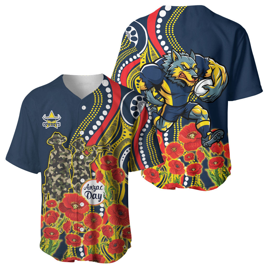North Queensland Cowboys ANZAC Baseball Jersey Indigenous Wave Poppy Remembrance Cowboy