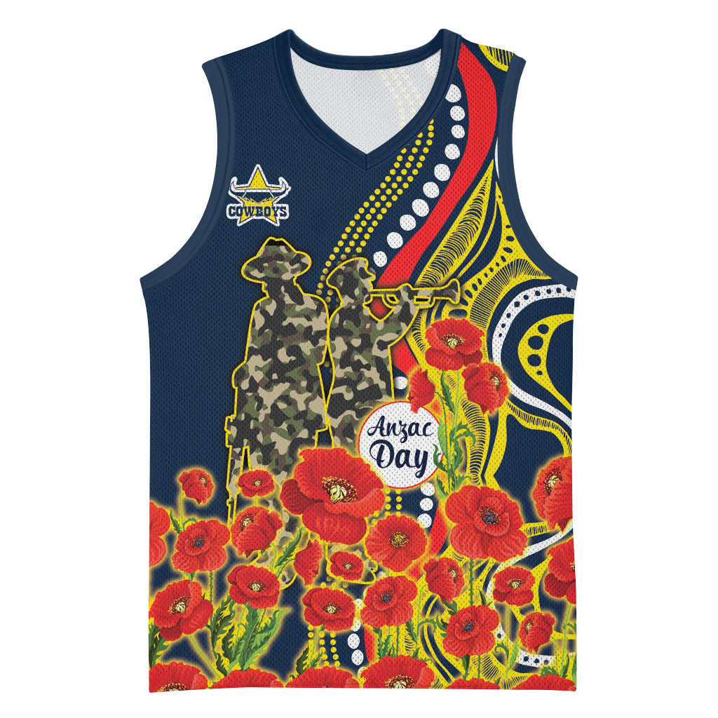North Queensland Cowboys ANZAC Basketball Jersey Indigenous Wave Poppy Remembrance Cowboy