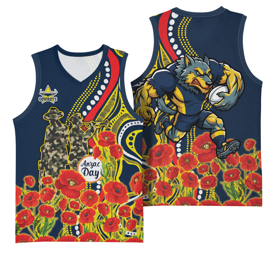 North Queensland Cowboys ANZAC Basketball Jersey Indigenous Wave Poppy Remembrance Cowboy