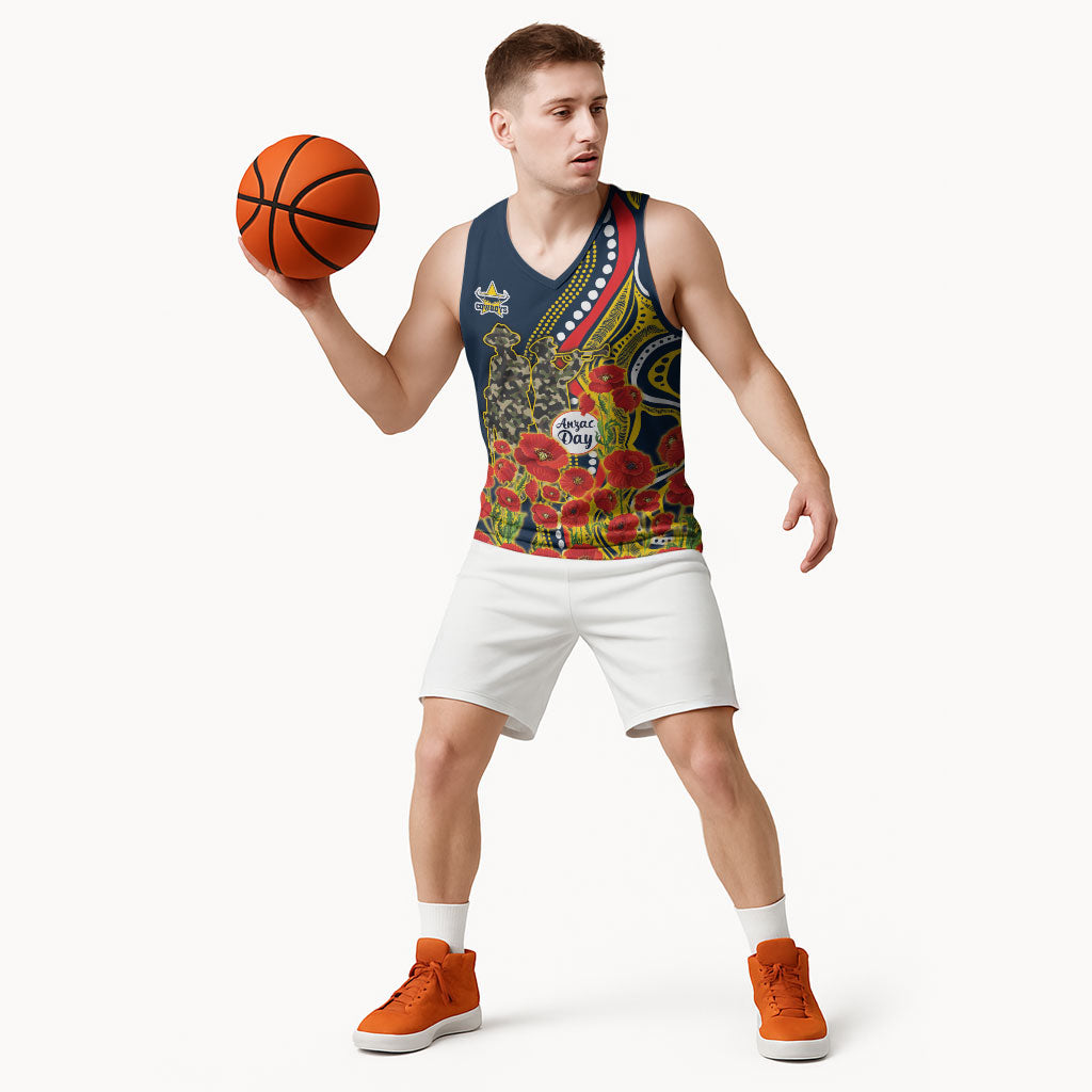 North Queensland Cowboys ANZAC Basketball Jersey Indigenous Wave Poppy Remembrance Cowboy
