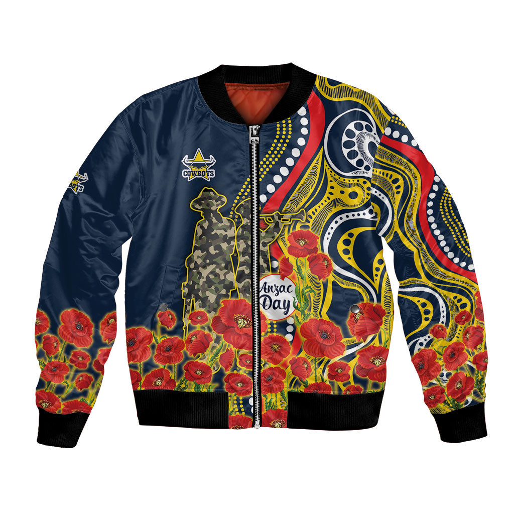 North Queensland Cowboys ANZAC Bomber Jacket Indigenous Wave Poppy Remembrance Cowboy