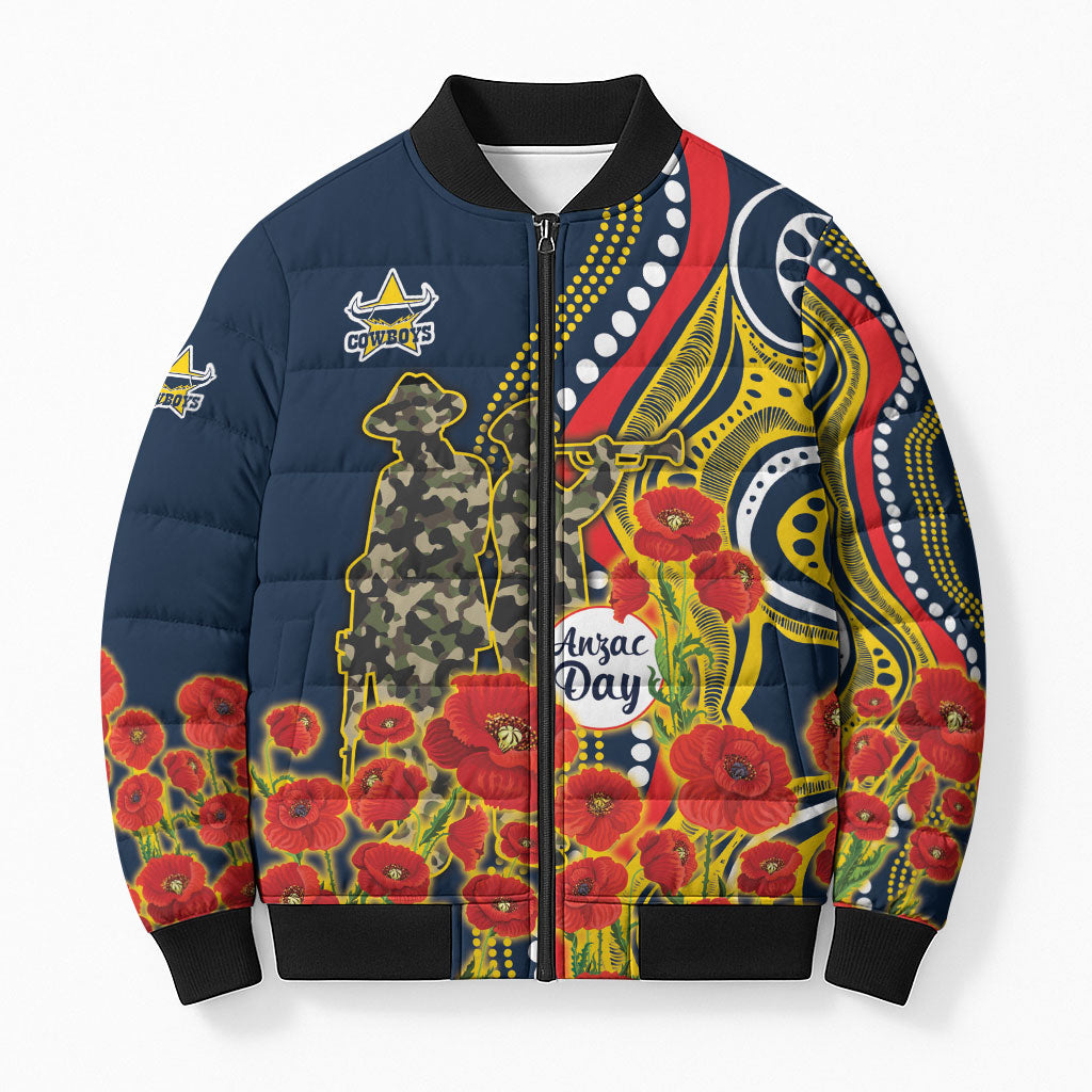 North Queensland Cowboys ANZAC Bomber Puffer Jacket Indigenous Wave Poppy Remembrance Cowboy