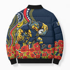 North Queensland Cowboys ANZAC Bomber Puffer Jacket Indigenous Wave Poppy Remembrance Cowboy