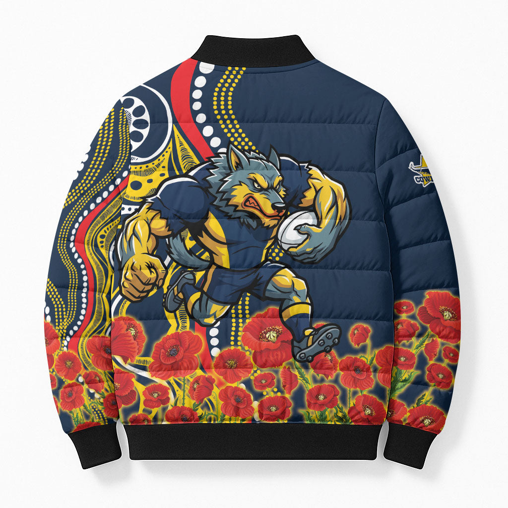 North Queensland Cowboys ANZAC Bomber Puffer Jacket Indigenous Wave Poppy Remembrance Cowboy