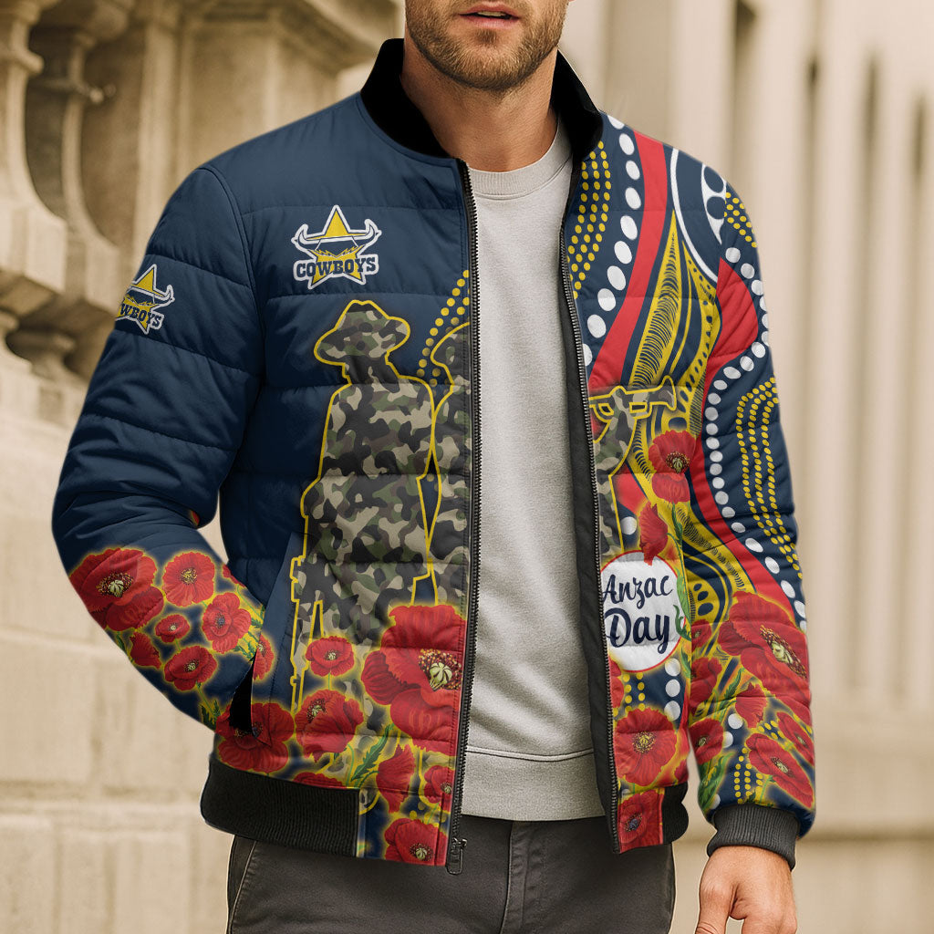 North Queensland Cowboys ANZAC Bomber Puffer Jacket Indigenous Wave Poppy Remembrance Cowboy