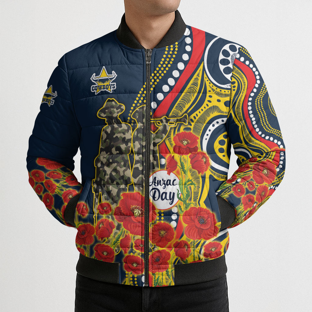 North Queensland Cowboys ANZAC Bomber Puffer Jacket Indigenous Wave Poppy Remembrance Cowboy