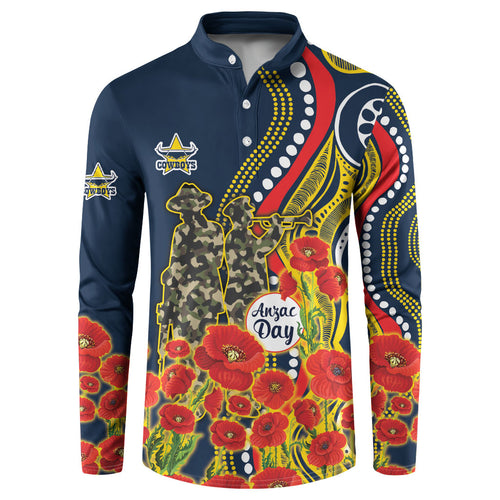 North Queensland Cowboys ANZAC Button Sweatshirt Indigenous Wave Poppy Remembrance Cowboy