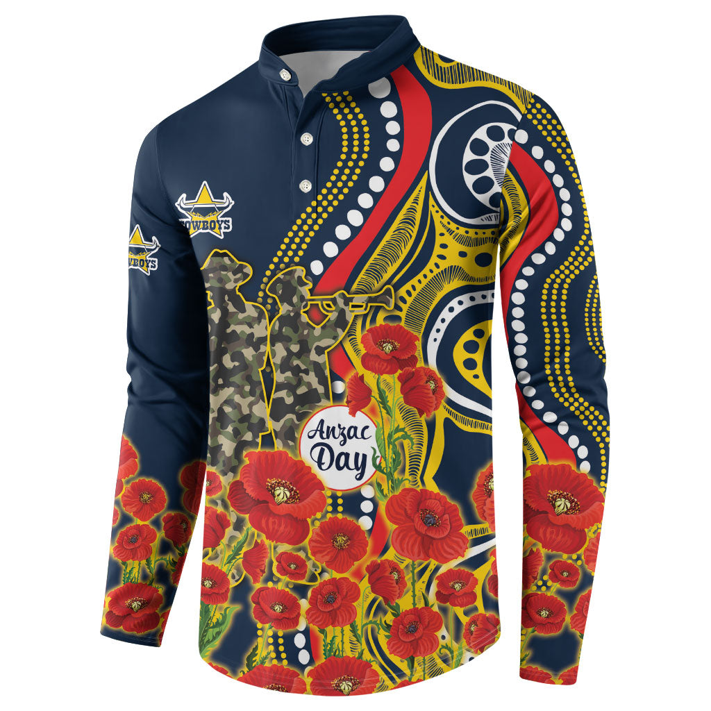 North Queensland Cowboys ANZAC Button Sweatshirt Indigenous Wave Poppy Remembrance Cowboy