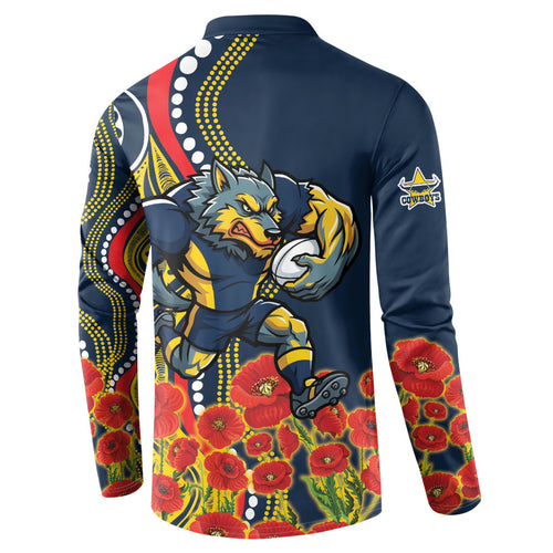 North Queensland Cowboys ANZAC Button Sweatshirt Indigenous Wave Poppy Remembrance Cowboy